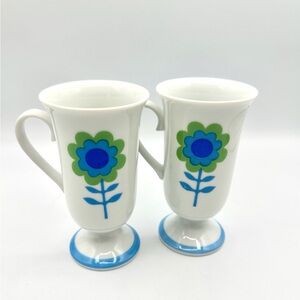 2 Mod Blue Flowered Coffee Mugs, Sixties Design